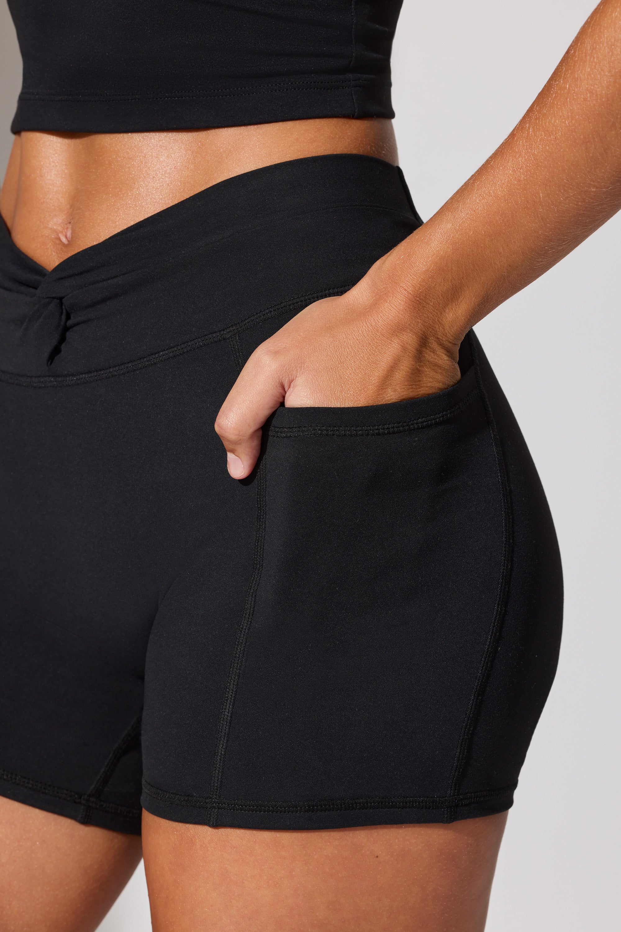Twist Waist Mini Shorts with Pockets in Black