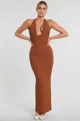 Woven Twill Halter Neck Plunge Maxi Dress in Chestnut Brown