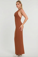 Woven Twill Halter Neck Plunge Maxi Dress in Chestnut Brown