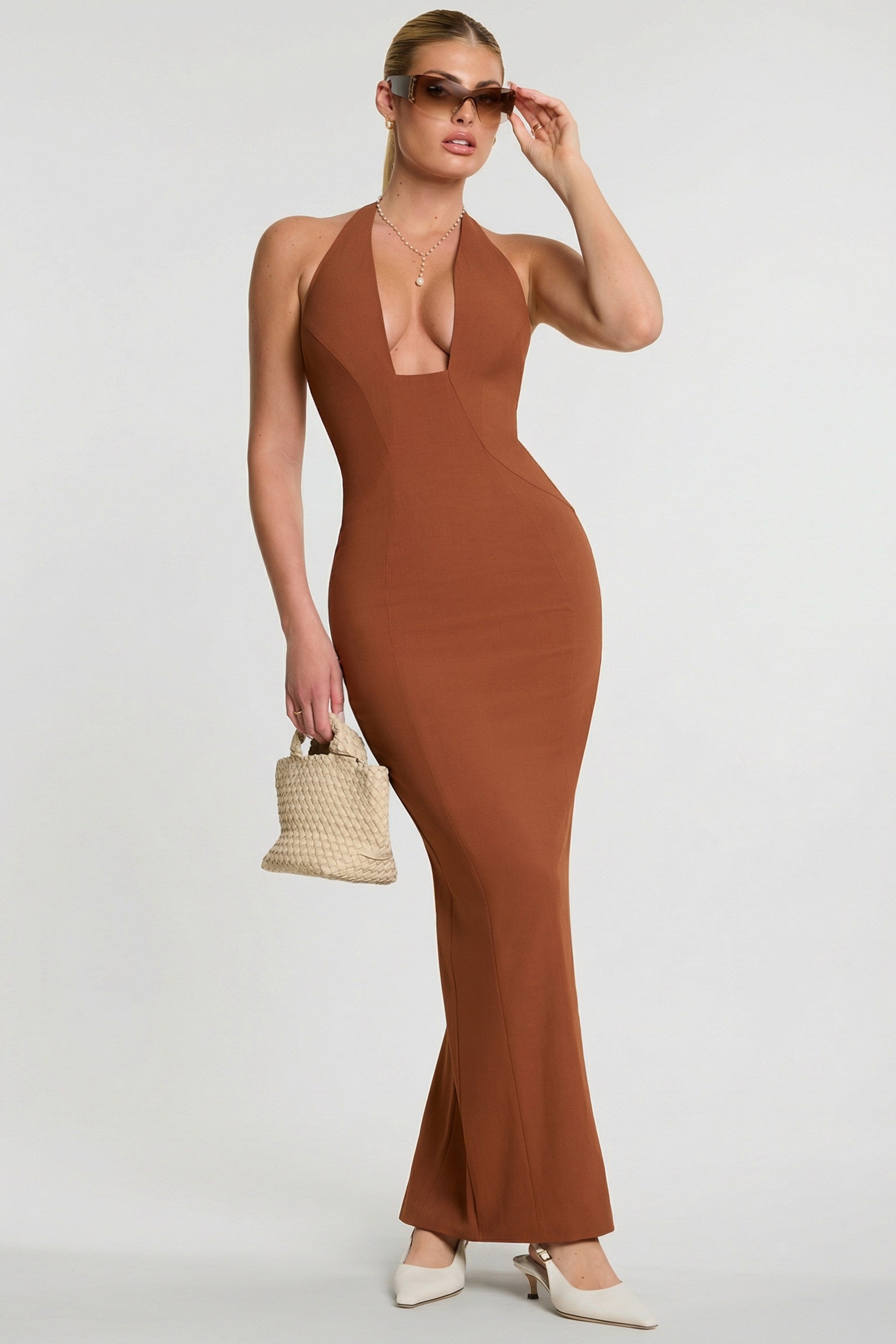 Woven Twill Halter Neck Plunge Maxi Dress in Chestnut Brown